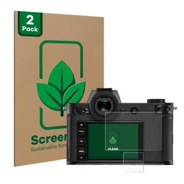 Front side of a product packaging with the brand logo ScreenLeaf. Next to it is the device Leica SL2-S shown with the correspo