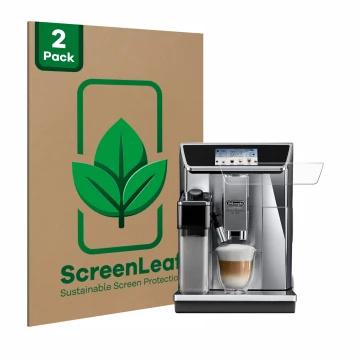 Front side of a product packaging with the brand logo ScreenLeaf. Next to it is the device DeLonghi PrimaDonna Elite Experienc