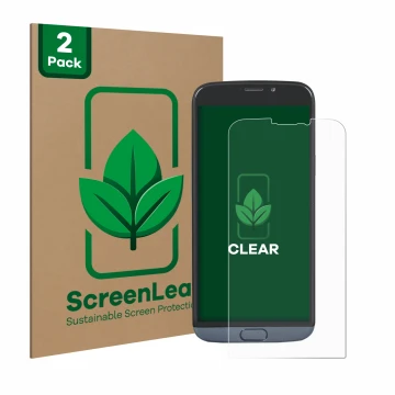 Front side of a product packaging with the brand logo ScreenLeaf. Next to it is the device Doro 8050 Plus shown with the corre