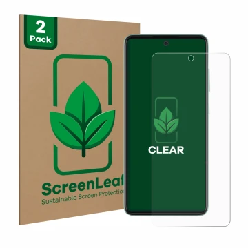 Front side of a product packaging with the brand logo ScreenLeaf. Next to it is the device Samsung Galaxy A52 shown with the c