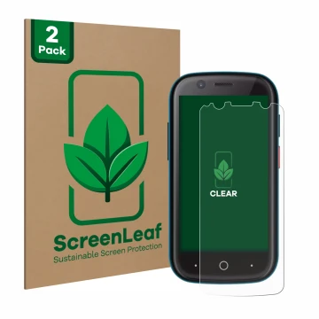 Front side of a product packaging with the brand logo ScreenLeaf. Next to it is the device Unihertz Jelly 2 shown with the cor
