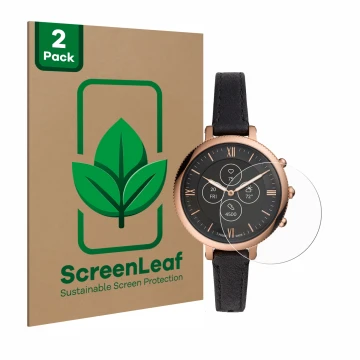 Front side of a product packaging with the brand logo ScreenLeaf. Next to it is the device Fossil Monroe Hybrid HR shown with 