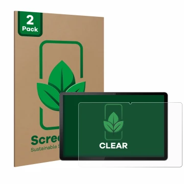 Front side of a product packaging with the brand logo ScreenLeaf. Next to it is the device Lenovo Tab P11 (Landscape) shown wi