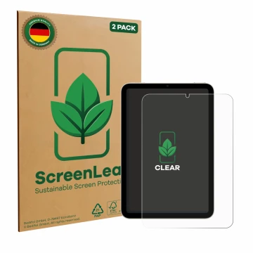 Front side of a product packaging with the brand logo ScreenLeaf. Next to it is the device Apple iPad Mini 6 WiFi 2021 shown w