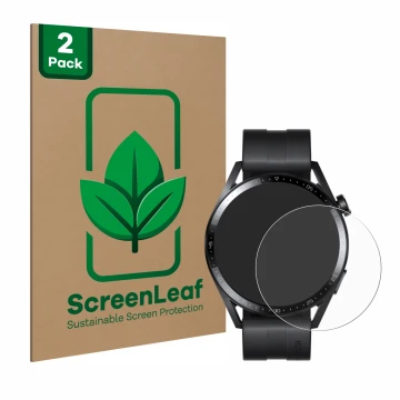 Front side of a product packaging with the brand logo ScreenLeaf. Next to it is the device Huawei Watch GT 3 (46 mm) shown wit