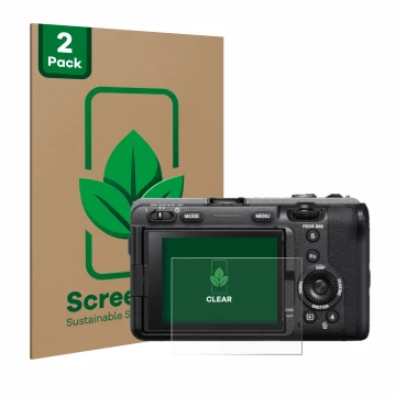 Front side of a product packaging with the brand logo ScreenLeaf. Next to it is the device Sony FX3 shown with the correspondi