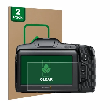 Front side of a product packaging with the brand logo ScreenLeaf. Next to it is the device Blackmagic Pocket Cinema Camera 6K 