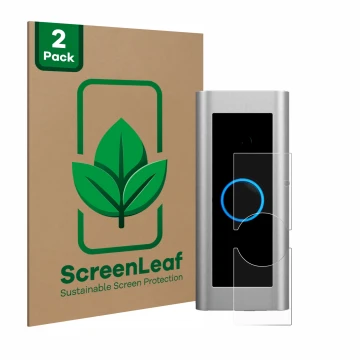 Front side of a product packaging with the brand logo ScreenLeaf. Next to it is the device Ring Video Doorbell Pro 2 shown wit