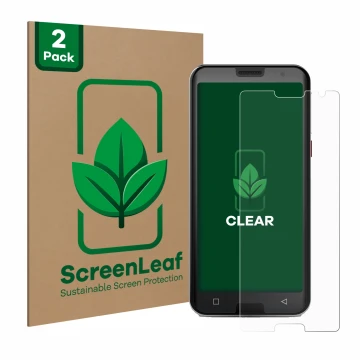 Front side of a product packaging with the brand logo ScreenLeaf. Next to it is the device Emporia Smart 5 shown with the corr