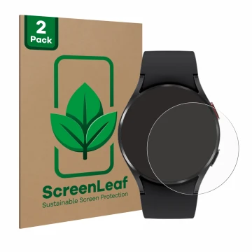 Front side of a product packaging with the brand logo ScreenLeaf. Next to it is the device Samsung Galaxy Watch 4 (40mm) shown