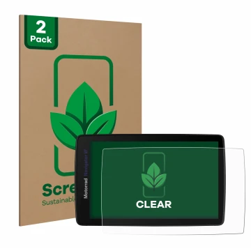 Front side of a product packaging with the brand logo ScreenLeaf. Next to it is the device BMW Navigator VI shown with the cor