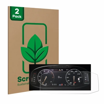 Front side of a product packaging with the brand logo ScreenLeaf. Next to it is the device Seat Ateca Facelift 10.25