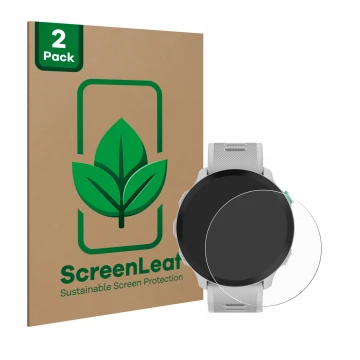 Front side of a product packaging with the brand logo ScreenLeaf. Next to it is the device Garmin Forerunner 55 shown with the