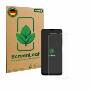 Front side of a product packaging with the brand logo ScreenLeaf. Next to it is the device Samsung Galaxy A22 5G shown with th