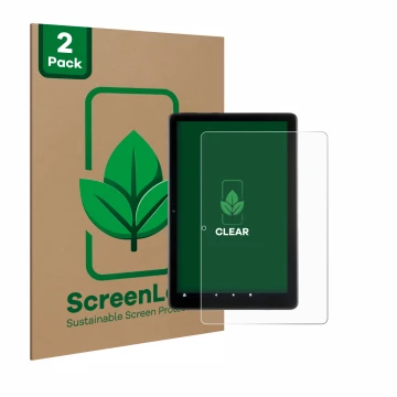 Front side of a product packaging with the brand logo ScreenLeaf. Next to it is the device Amazon Fire HD 10 2021 (11th Gen.) 