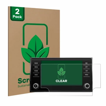 Front side of a product packaging with the brand logo ScreenLeaf. Next to it is the device Skoda Karoq Amunds Sportline 2021 I