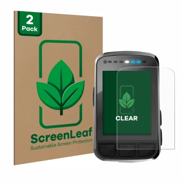 Front side of a product packaging with the brand logo ScreenLeaf. Next to it is the device Wahoo Elemnt Bolt V2 GPS shown with