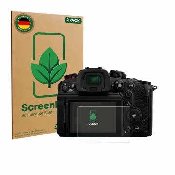 Front side of a product packaging with the brand logo ScreenLeaf. Next to it is the device Panasonic Lumix DC-GH6 shown with t