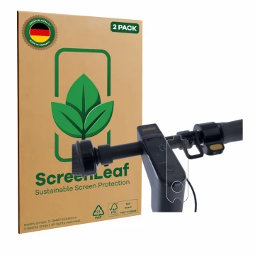 Front side of a product packaging with the brand logo ScreenLeaf. Next to it is the device Segway Ninebot KickScooter MAX G30 