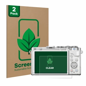 Front side of a product packaging with the brand logo ScreenLeaf. Next to it is the device Olympus PEN E-P7 shown with the cor
