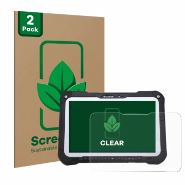 Front side of a product packaging with the brand logo ScreenLeaf. Next to it is the device Panasonic Toughbook FZ-G2 shown wit