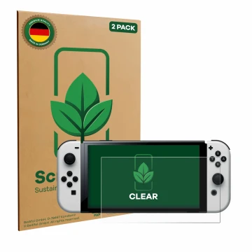 Front side of a product packaging with the brand logo ScreenLeaf. Next to it is the device Nintendo Switch OLED-Modell shown w