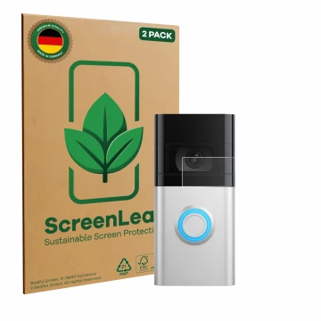 Front side of a product packaging with the brand logo ScreenLeaf. Next to it is the device Ring Video Doorbell 4 shown with th
