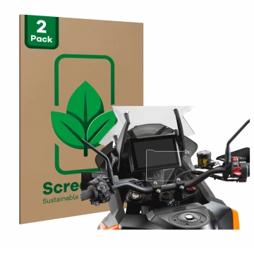 Front side of a product packaging with the brand logo ScreenLeaf. Next to it is the device KTM 1290 Super Adventure S 2021 TFT