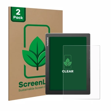 Front side of a product packaging with the brand logo ScreenLeaf. Next to it is the device PocketBook InkPad Lite shown with t