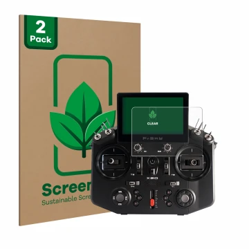 Front side of a product packaging with the brand logo ScreenLeaf. Next to it is the device FrSky Tandem X20 shown with the cor