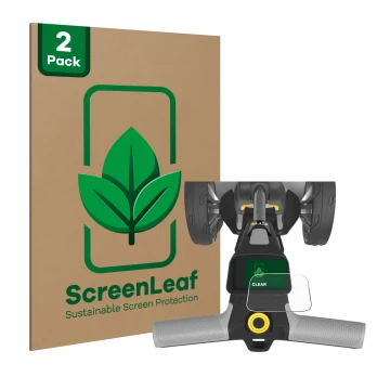 Front side of a product packaging with the brand logo ScreenLeaf. Next to it is the device PowaKaddy CT6 shown with the corres