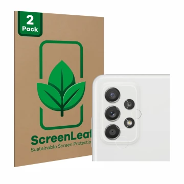 Front side of a product packaging with the brand logo ScreenLeaf. Next to it is the device Samsung Galaxy A52s 5G (ONLY Camera