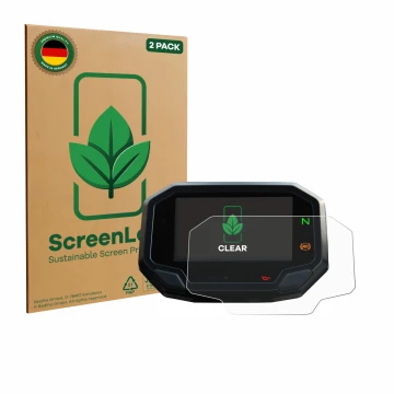 Front side of a product packaging with the brand logo ScreenLeaf. Next to it is the device Kawasaki Z900 2020-2021 shown with 