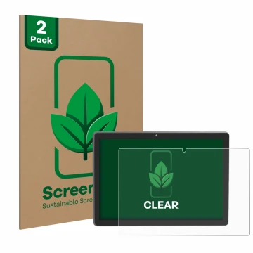 Front side of a product packaging with the brand logo ScreenLeaf. Next to it is the device Majestic Tab-912 4G shown with the 