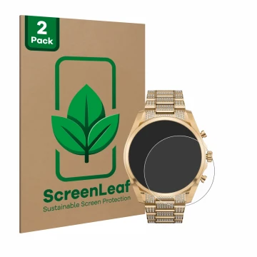 Front side of a product packaging with the brand logo ScreenLeaf. Next to it is the device Michael Kors Access Gen 6 Bradshaw 