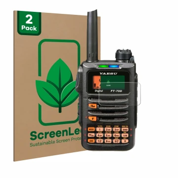 Front side of a product packaging with the brand logo ScreenLeaf. Next to it is the device Yaesu FT-70DR shown with the corres