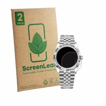 Front side of a product packaging with the brand logo ScreenLeaf. Next to it is the device Rolex Datejust 36 shown with the co