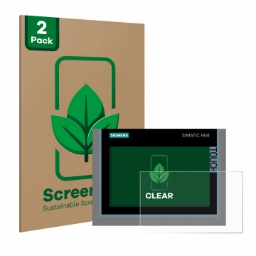 Front side of a product packaging with the brand logo ScreenLeaf. Next to it is the device Siemens Simatic HMI TP700 Comfort s