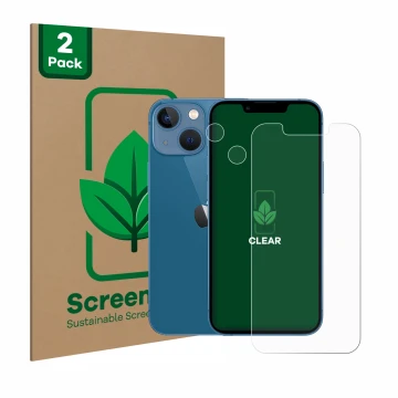 Front side of a product packaging with the brand logo ScreenLeaf. Next to it is the device Apple iPhone 13 mini (Front+Camera)