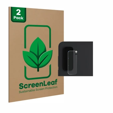 Front side of a product packaging with the brand logo ScreenLeaf. Next to it is the device Microsoft Surface Duo 2 (ONLY Camer