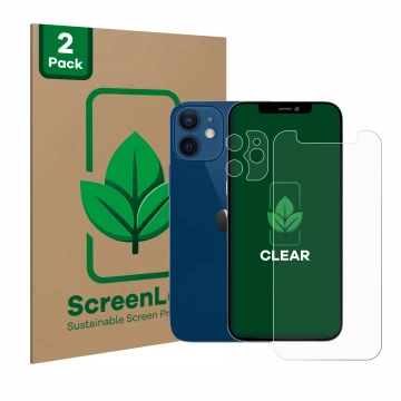 Front side of a product packaging with the brand logo ScreenLeaf. Next to it is the device Apple iPhone 12 mini (Front+Camera)