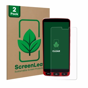 Front side of a product packaging with the brand logo ScreenLeaf. Next to it is the device Olympia Neo Smartphone shown with t