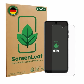 Front side of a product packaging with the brand logo ScreenLeaf. Next to it is the device Fairphone 4 shown with the correspo