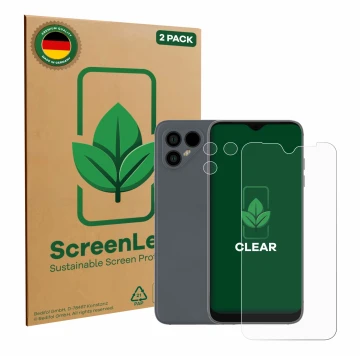 Front side of a product packaging with the brand logo ScreenLeaf. Next to it is the device Fairphone 4 (Front+Camera) shown wi