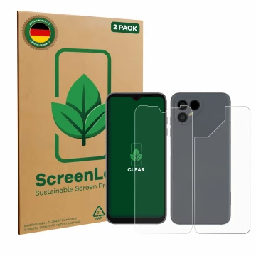 Front side of a product packaging with the brand logo ScreenLeaf. Next to it is the device Fairphone 4 (Front+Back) shown with