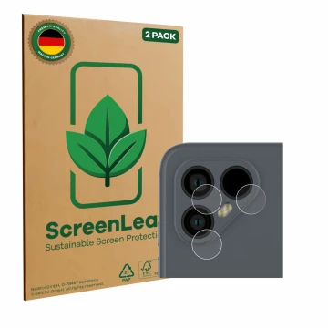 Front side of a product packaging with the brand logo ScreenLeaf. Next to it is the device Fairphone 4 (ONLY Camera Lens) show