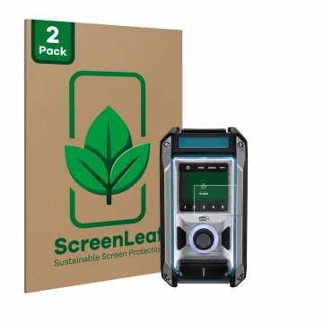 Front side of a product packaging with the brand logo ScreenLeaf. Next to it is the device Makita DMR115 shown with the corres