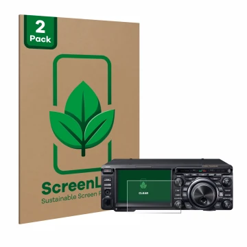 Front side of a product packaging with the brand logo ScreenLeaf. Next to it is the device Yaesu FT-DX10 shown with the corres