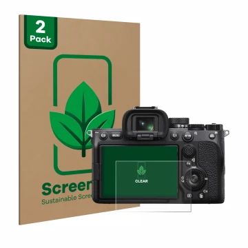 Front side of a product packaging with the brand logo ScreenLeaf. Next to it is the device Sony Alpha 7 IV shown with the corr