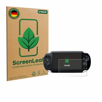 Front side of a product packaging with the brand logo ScreenLeaf. Next to it is the device Sony Playstation PS Vita shown with